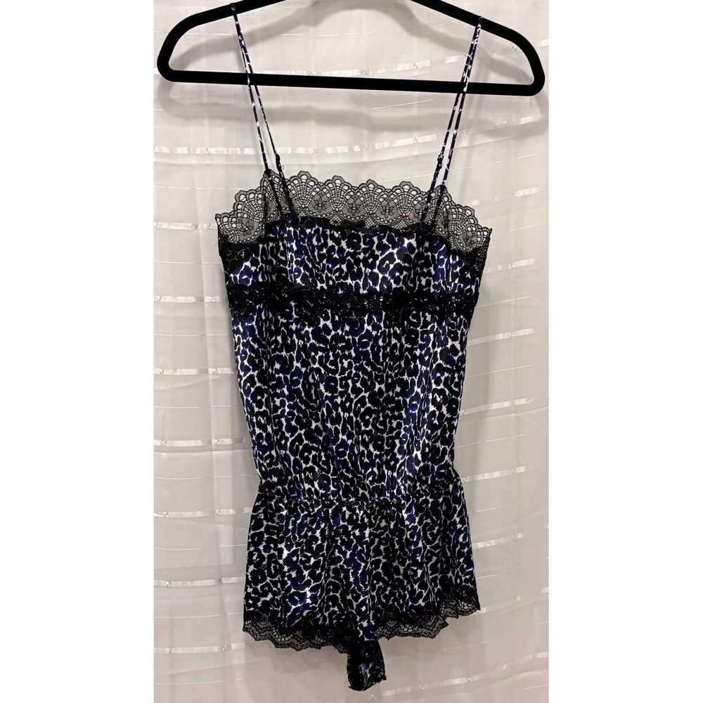 Victoria's Secret Blue Leopard‎ Satin Lace Trim Romper Teddy Small 283523-CL7